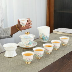 Jadeite Kung Fu Tea Set with Teacups, High-End Simple Ceramic Luxury Gift Box for Home Use, Tea Drinking Gaiwan and Teapot