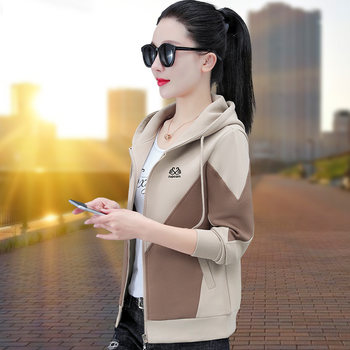 Hooded sweatshirt coat for women short 2025 spring new contrasting color mother cardigan casual sports versatile top