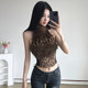 AOMR tribal style leopard print fur spliced turtleneck halter neck vest female slim sleeveless backless top