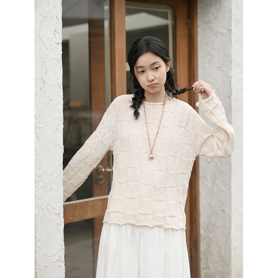 
Seams Sense versatile lazy relaxed light apricot round neck checkerboard knitted pullover sweater 17187