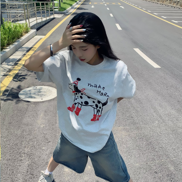 American cartoon doodle line spotted dog short-sleeved T-shirt for women in summer gray casual cotton half-sleeved couple top
