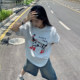 American cartoon doodle line spotted dog short-sleeved T-shirt for women in summer gray casual cotton half-sleeved couple top

