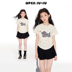 Opennunu Girls' Bow-Knot Polka-Dot Short-Sleeved T-Shirt Summer Medium and Large Children's Cartoon Cute Short Slim-Fitting Top