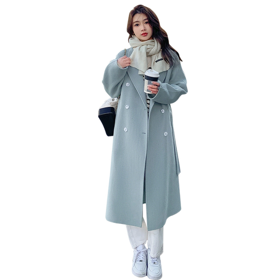 Blue double -sided fluff woolen coat 2024 autumn and winter new Korean version of the loose medium -long long lace woolen
