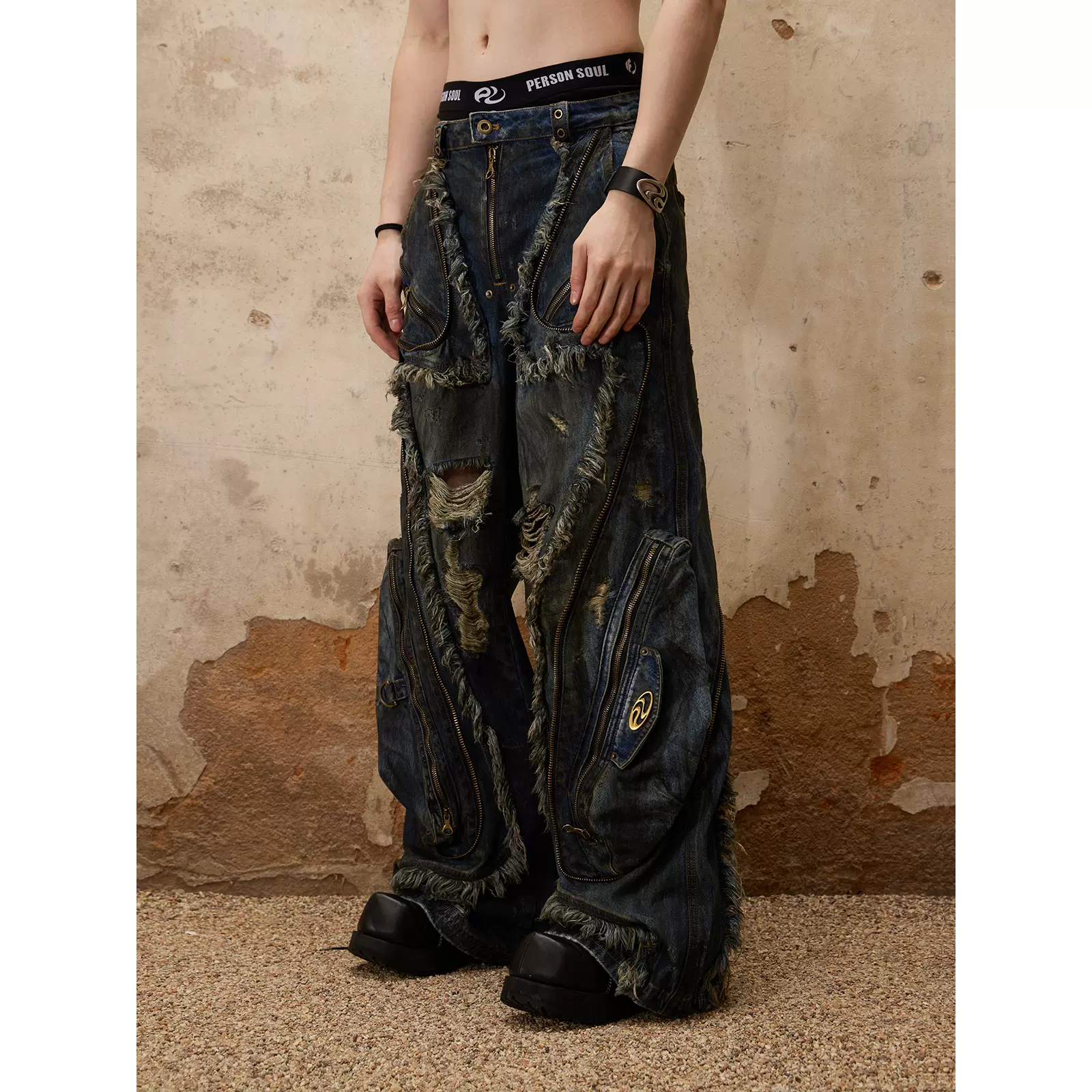 PERSONSOUL* 23FW 外星异型结构污渍牛仔裤Alians Dirty Jeans-Taobao