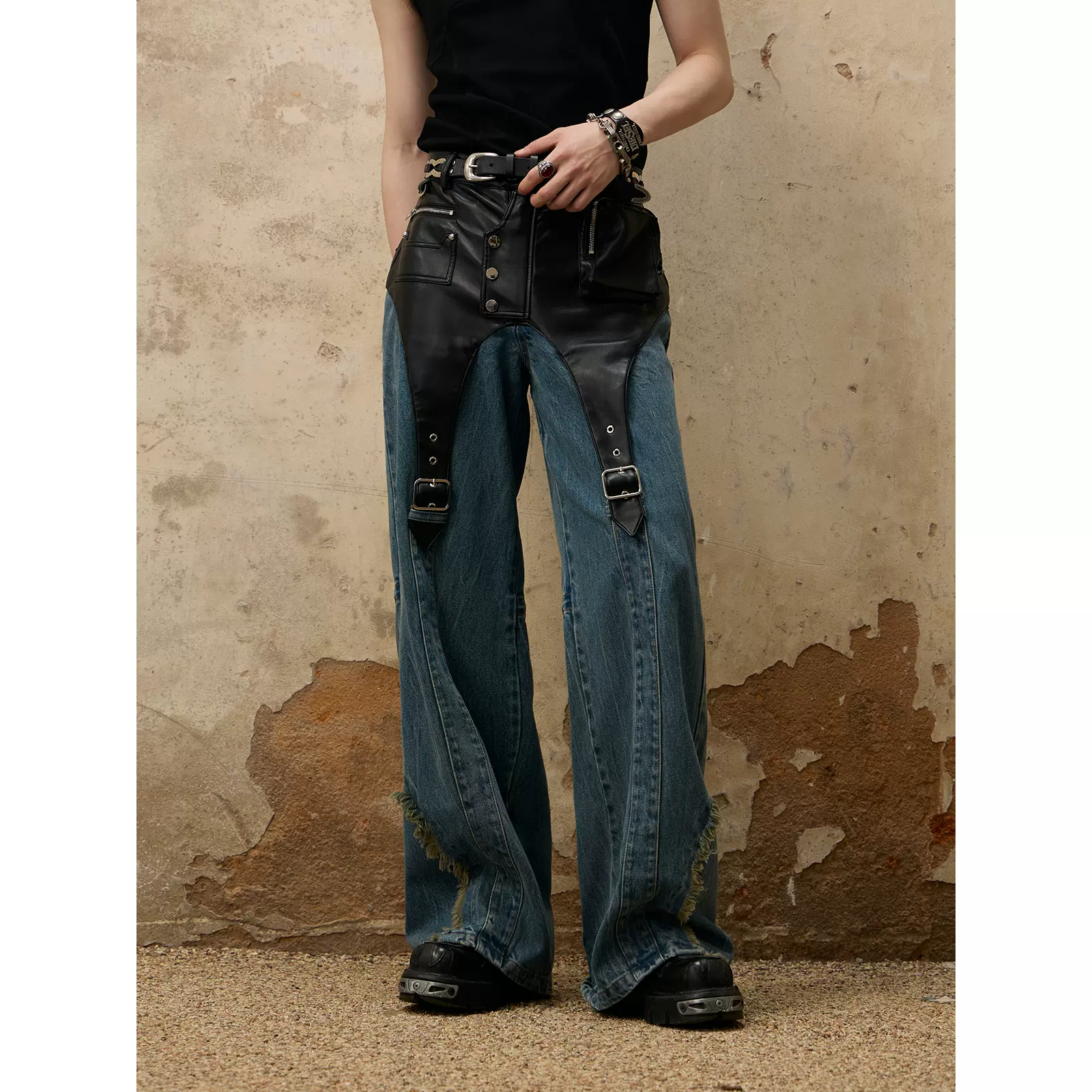 PERSONSOUL* 灵魂人类皮质结构拼接牛仔裤Leather Jeans-Taobao