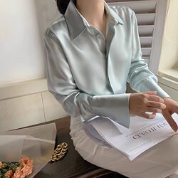 French-Style Women's Shirt for Spring and Autumn, with a Unique Design, High-End Feel, Triacetate Satin Silk Shirt with Hidden Buttons and Drapey Top