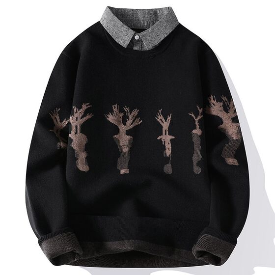 
Fake two-piece shirt collar sweater men's autumn and winter warm tops trendy young men's wear bottoming sweater