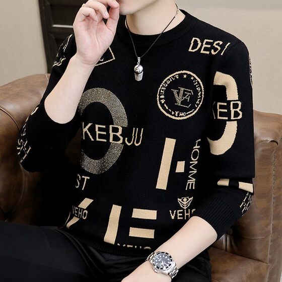 Round -neck sweater men's autumn and winter tide brand trend, warm and velvet thickened knitted bottoming shirt with men's clothing, clothes
