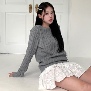 
eilove retro twist texture round neck pullover sweater for women autumn and winter slim bottoming gray sweater