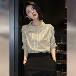 Outlet Discount Store Versatile Striped Apricot-Colored Shirt for Women, Spring Stylish and Age-Reducing Top with a Super Nice Design