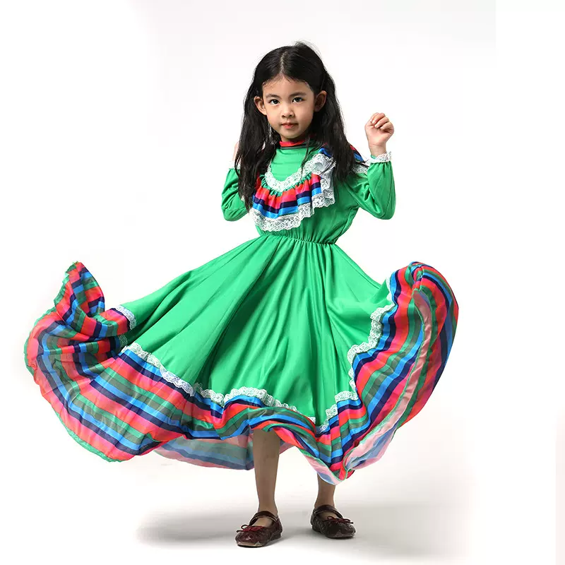 绿色墨西哥女童传统舞蹈服c装大摆裙拖地舞台表演服装