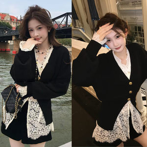 
Pure desire suit for women in autumn unique and beautiful soft and glutinous black V-neck knitted cardigan layered lace shirt two-piece set
