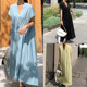 European and American style fashion summer large-size women's short-sleeved V-neck loose dress simple waist solid color long skirt trendy