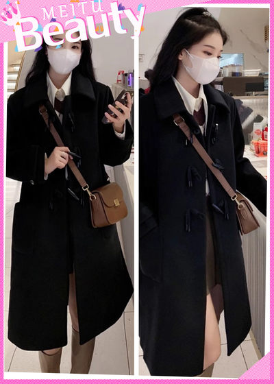 
High-end black Hepburn wool coat for women 2025 new Korean small mid-length wool coat