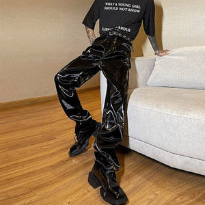 American boys PU liquid bright noodle pants worker pants black new loose high -end punk big size dancing reflective
