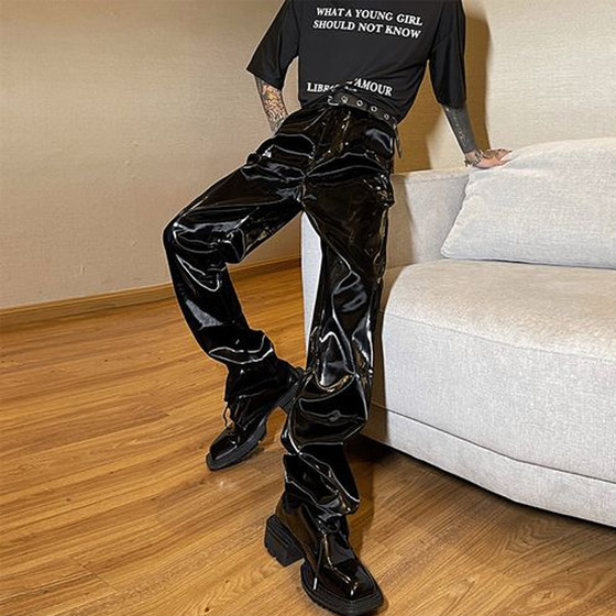 American boys PU liquid bright noodle pants worker pants black new loose high -end punk big size dancing reflective
