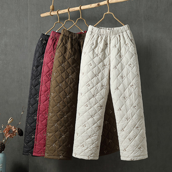 
Wide-leg down cotton pants for women winter new fashion embroidered warm outer wear high waist casual straight outer wear mom cotton pants