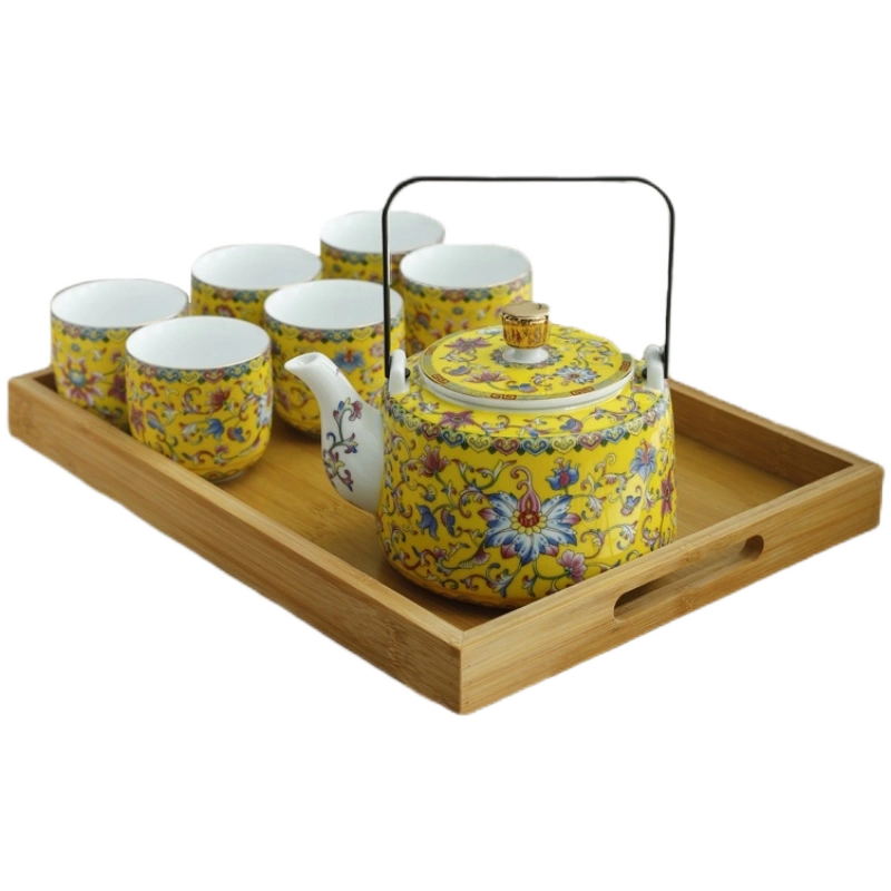 景德镇珐琅彩提梁茶壶陶瓷大容量泡茶单壶带过滤茶具水壶套装高档 