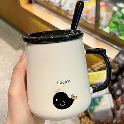 Mug with Lid and Spoon, Ceramic Cup for Women, Cute and Creative, Suitable for Home and Office, Breakfast, Brewing Coffee, Water Cup for Men