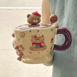 Cute Bear Ceramic Mug with Lid and Spoon, Household Drinking Cup, Couple's Breakfast Coffee Milk Cup, Birthday Gift