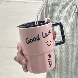 Cute Black and Pink Trendy Mug with Lid and Straw, Household Water Cup, Couple's Breakfast Coffee Milk Cup, Birthday Gift