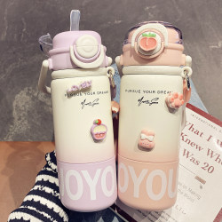 Thermos Cup for Girls, High-Looking with Straw, Water Cup for Kidsren and Students Going to School, Satchel Double-Drink 316 Stainless Steel Cup