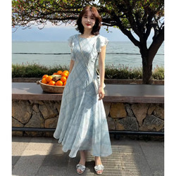 French-Style Sweet Ruffled Blue Plaid Dress for Women, Early Summer 2026 New Model, Stunning Long Dress for Seaside Vacation