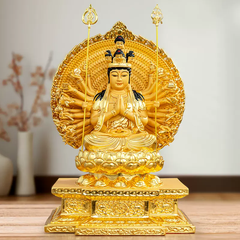 纯铜贴金千手观音家用佛堂供奉佛像观音菩萨黄铜