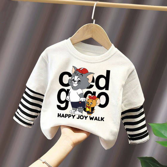 
Pure cotton children's clothing boys spring and autumn long-sleeved T-shirt new baby spring clothing fake two-piece striped handsome top long-sleeved