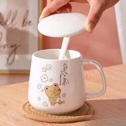 Ceramic Mug with Lid, Large Capacity, Household Brewing Cup, Cartoon Mug with Spoon, Cute Couple's Mug