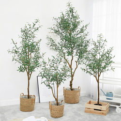 Nordic Large Artificial Green Plant Fake Olive Tree Potted Plant Ornament Indoor Living Room Floor-Standing Window Decoration Landscaping