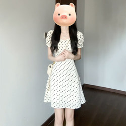 Tea Break French Puff Sleeve Polka Dot Dress for Women, Summer 2026 New Style, High-End, Petite Waist-Cinching Short Dress