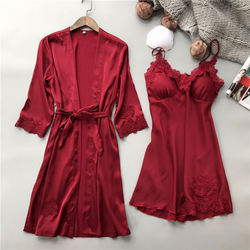 High-end Pajamas With Sleeve Pads, Women's Silk Suspenders U Nightgown, Sexy Pajamas Two-piece Set, Silk Long-breasted Nightgown, Home Luxury
