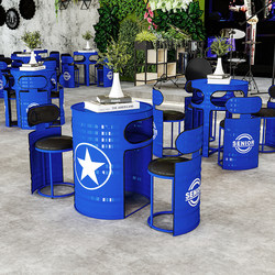 Push-In Style Outdoor and Indoor Industrial-Style Oil Drum Table and Chair Set for Trendy Milk Tea Shops, Billiard Rooms, and Bars
