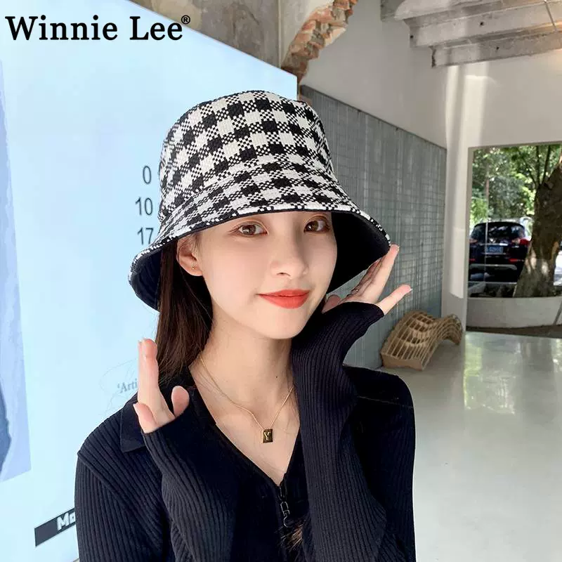 Winnie Lee渔夫帽女春秋黑白格子遮阳帽百搭双面夏季防晒太阳帽子-Taobao Singapore