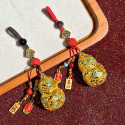 Ancient Gold-Plated Fortune-Attracting Handmade Car Keychain Pendant Gourd Bag Mobile Phone Chain Ornament Hollow-Out National Trend Retro