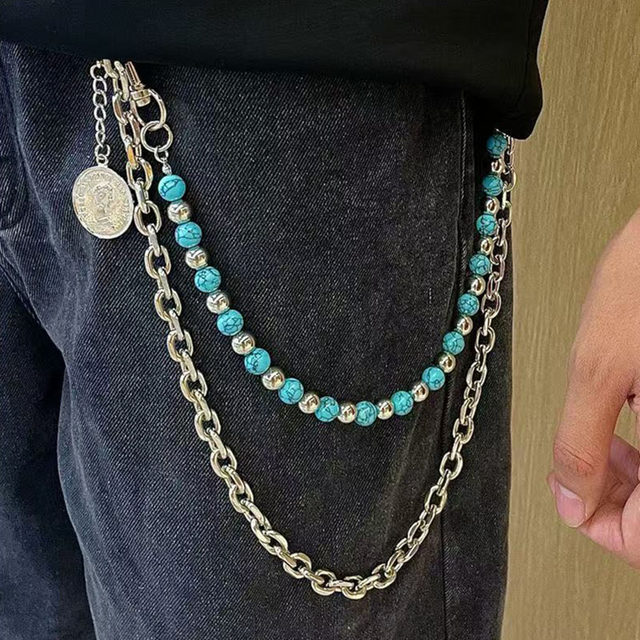 Men's and women's punk hip-hop pants chain accessories blue background black pattern hand-beaded jeans hanging accessories retro street niche trend