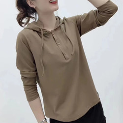 Long-Sleeved T-Shirt for Women 2026 Spring and Autumn New Solid Color Hooded Base Shirt Mom's Clothing Loose Versatile Plus Size Top