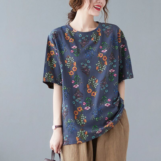 New retro floral short-sleeved t-shirt middle-aged women's bottoming ...