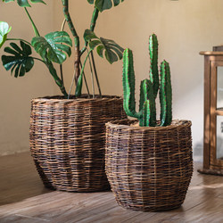 Rattan Flower Pot Set, Floor-Standing Woven Flower Basket, Large Vintage Wabi-Sabi Style Wicker Basket, Large Green Plant Decorative Flower Vessel