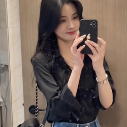 Black Acetate Satin Shirt for Women, Spring and Autumn, Petite, High-End Feel, Professional Commuting, Loose Long-Sleeved Top