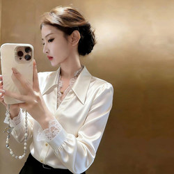 White V-Neck Lace Acetate Satin Shirt for Women, Spring and Autumn, Petite Size, Turn-Down Collar, Professional Commuter Long-Sleeve Top