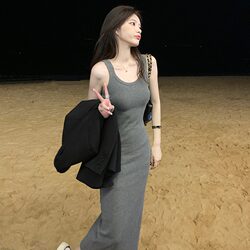 Gray Vest Dress for Women, Summer Knitted Spaghetti Strap Dress, Petite Long Dress with a Unique Design, Slim Fit Bodycon Dress