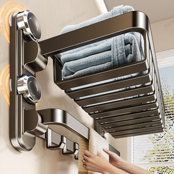 Suction Cup Towel Rack Bathroom No-Drill Mesh Basket Bath Towel Storage Rack Integrated Bathroom Toilet Folding Hanging Rod Set