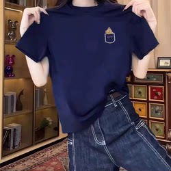 Pure Cotton Designer Niche Straight Shoulder Short-Sleeve T-Shirt for Women, 2025 New Fashion Versatile Navy Blue Top, Summer Trend