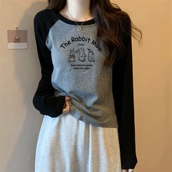 Winter Color-Blocked Pure Cotton Long-Sleeve T-Shirt for Girls, Suitable for Spring and Autumn, for Middle and High School Students, Can Be Worn as Outerwear or as an Inner Layer, Loose-Fitting Base Shirt Top