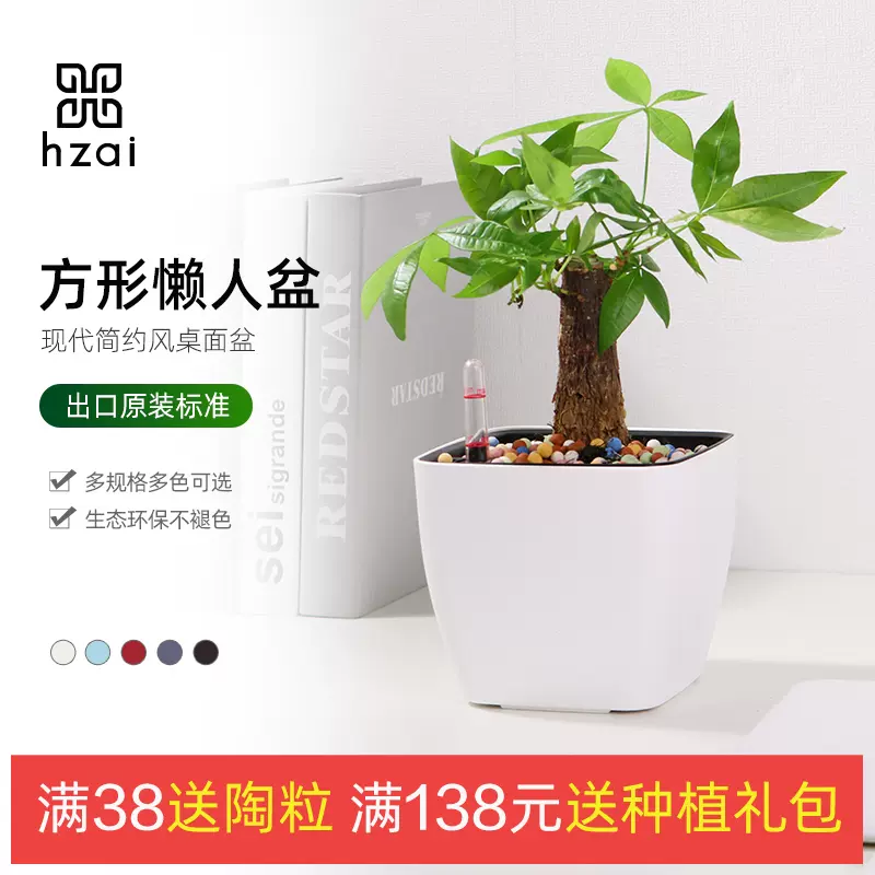 2023年新款发财树懒人自动吸水花盆桌面方形塑料双层简约植物盆栽-Taobao