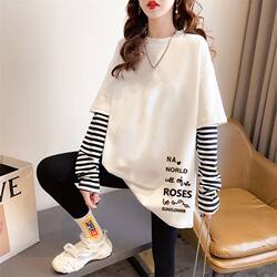 Autumn and Winter Pure Cotton Fake Two-Piece Base Shirt for Women, Fleece-Lined and Thickened, Korean Style, Loose Fit, Slimming, Versatile, Mid-Length Inner T-Shirt