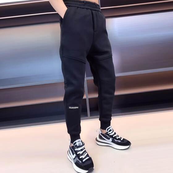 
Autumn and winter trendy pants for men 2024 new velvet versatile slim fit casual sweatpants handsome ties trousers